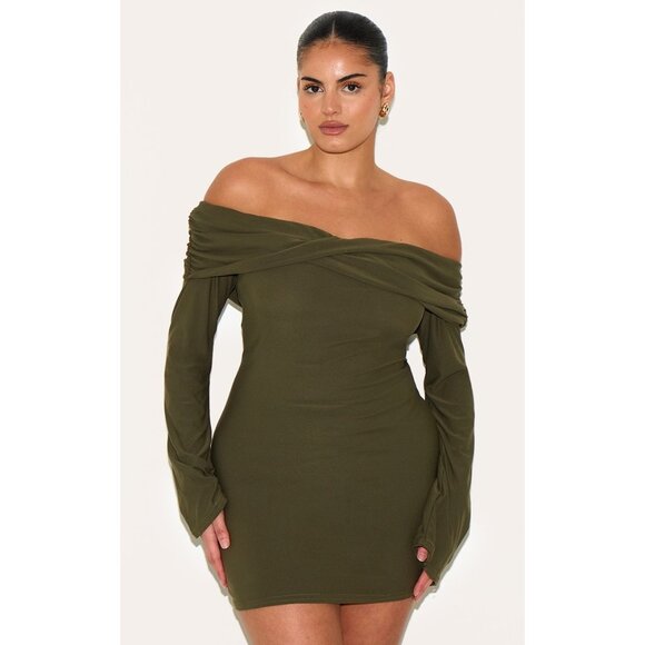 PrettyLittleThing Plus US 20 Green  Khaki Soft Touch Twist Detail Bardot Dress - Picture 1 of 6